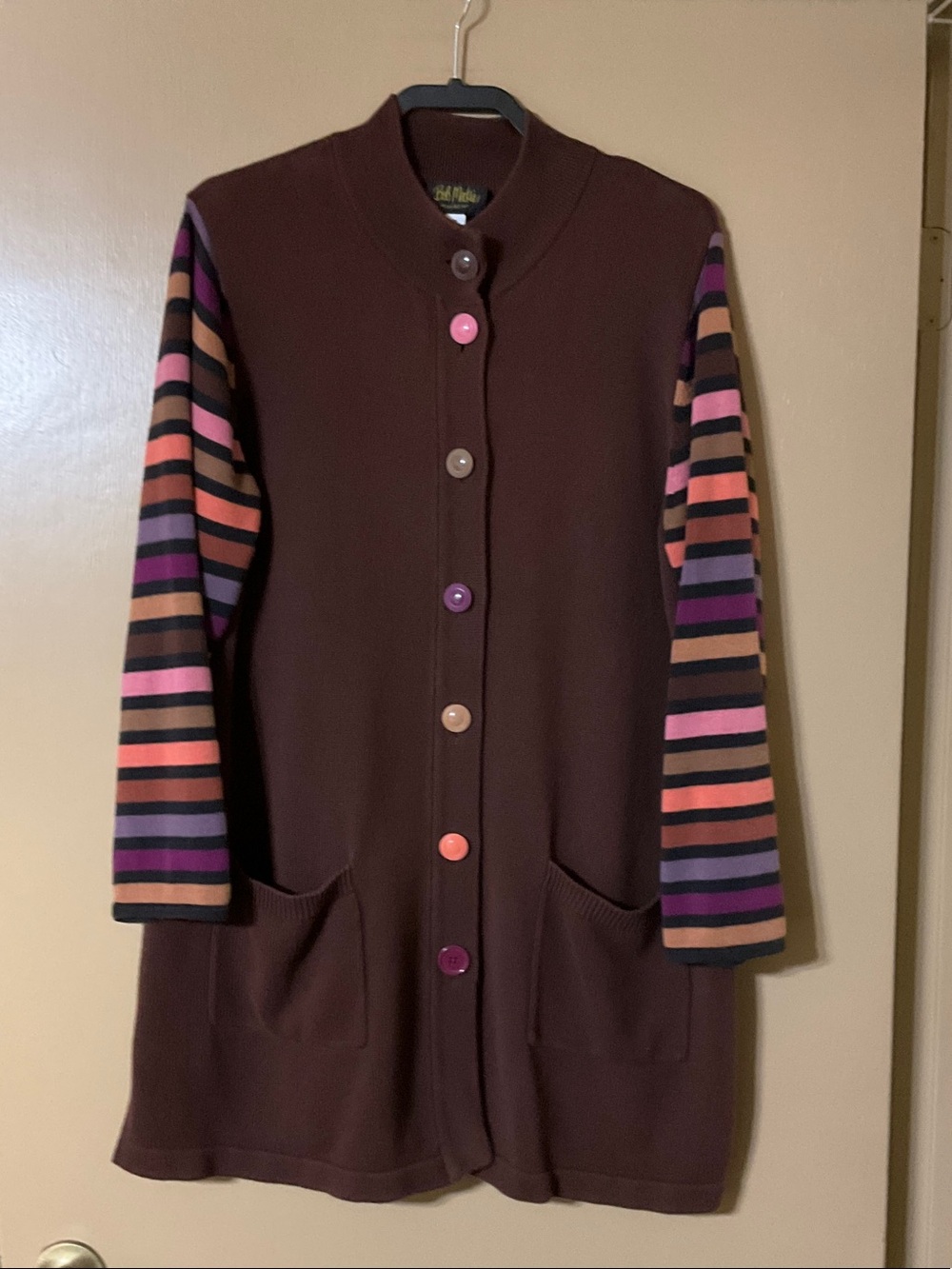 Bob Mackie Brown Cardigan with Multicolor Striped Sleeves
